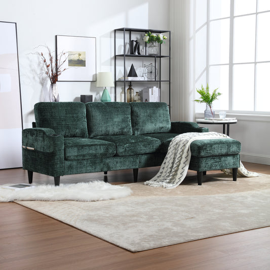 UNITED  WE WIN Sofa for three, solid wood frame, Chenille fabric, side pocket, with two cup holders, footstool with storagestorage sofa /Living room sofa cozy sectional  sofa