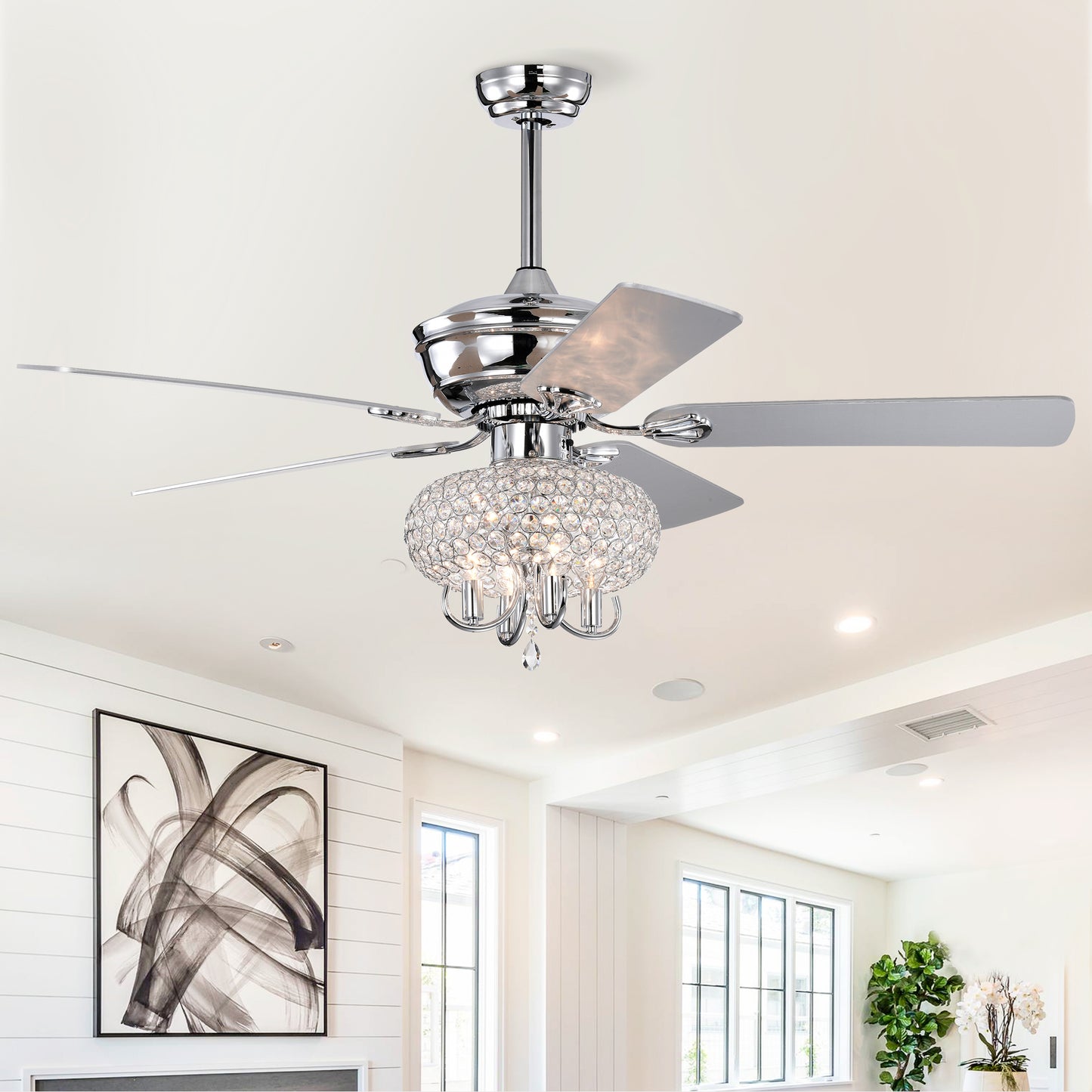 52 inch Crystal Ceiling Fan with Lights Fandelier Chandelier Reversible Blades 3 Wind Speeds Remote Control for Bedroom Living Dining Room--Chrome