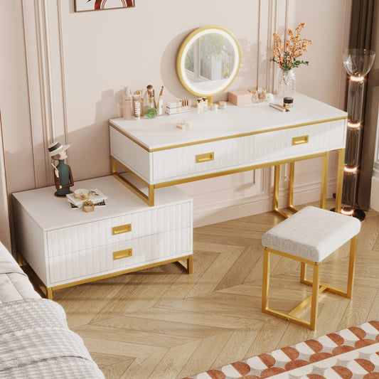 GO Modern Style Vanity Table With Movable Side Cabinet And 4-Drawers, Large Size Dressing Table With Mirror and 3-colors LED Light, Makeup Table With Stool, White, Golden Legs