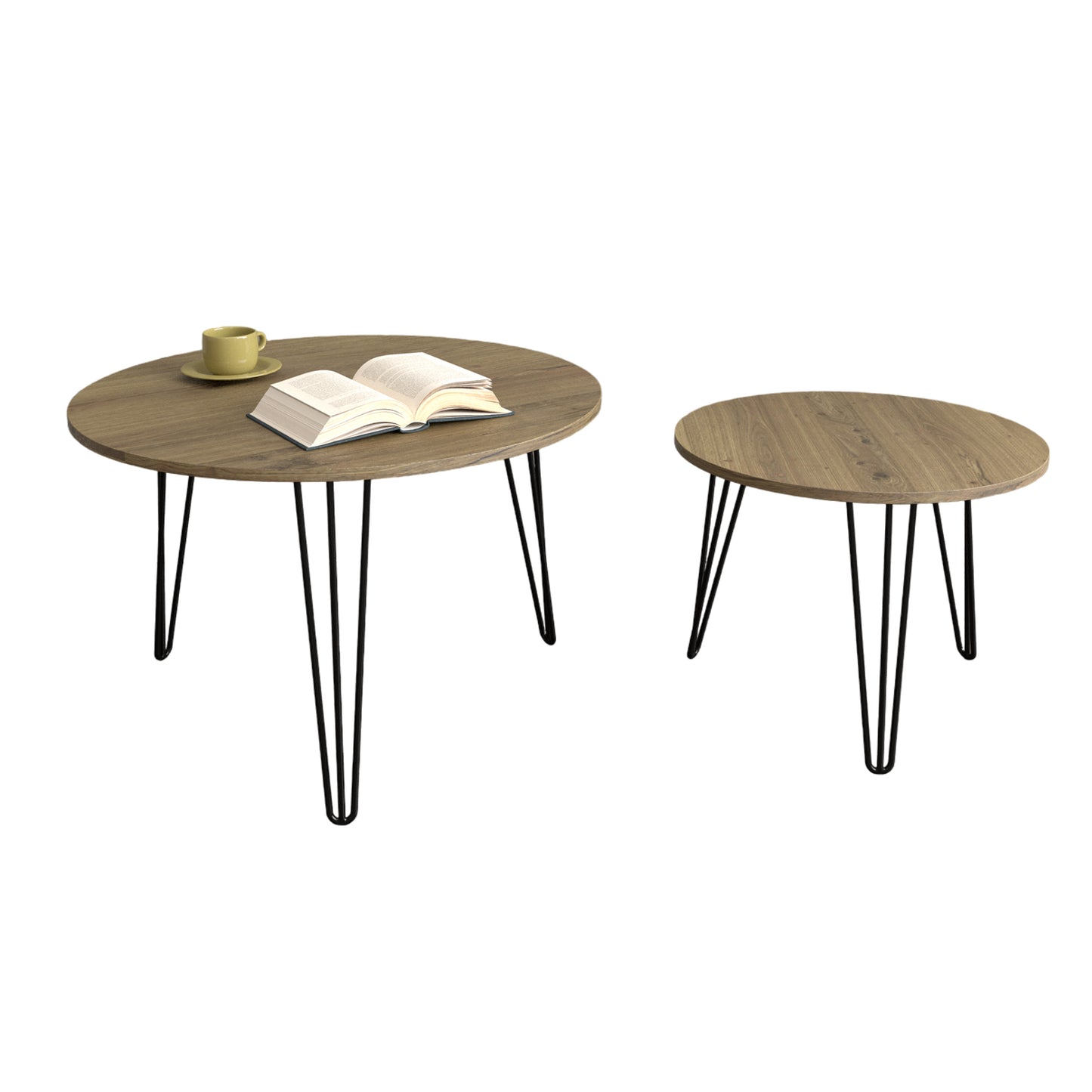 27.56'' Round Nesting Coffee Table Set of 2, Circular Nesting End Table Set, Round Wooden Tabletop, and Sturdy Metal Base for Living Room, bedroom, Brown