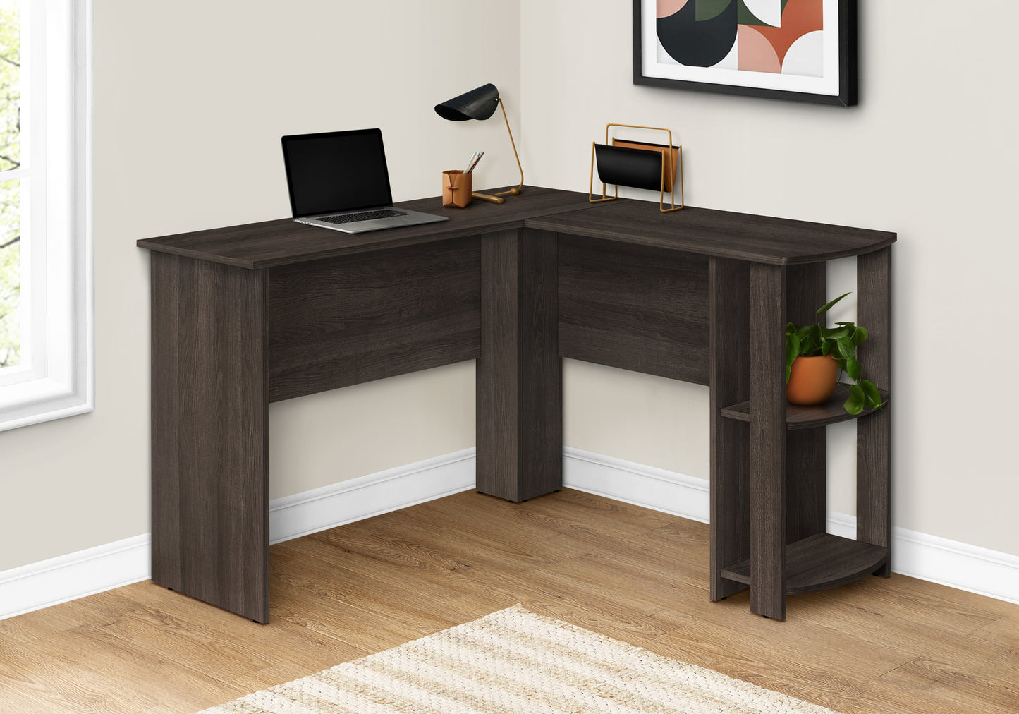 Computer Desk, Home Office, Corner, Storage Shelves, 48"l, L Shape, Work, Laptop, Brown Laminate, Contemporary, Modern