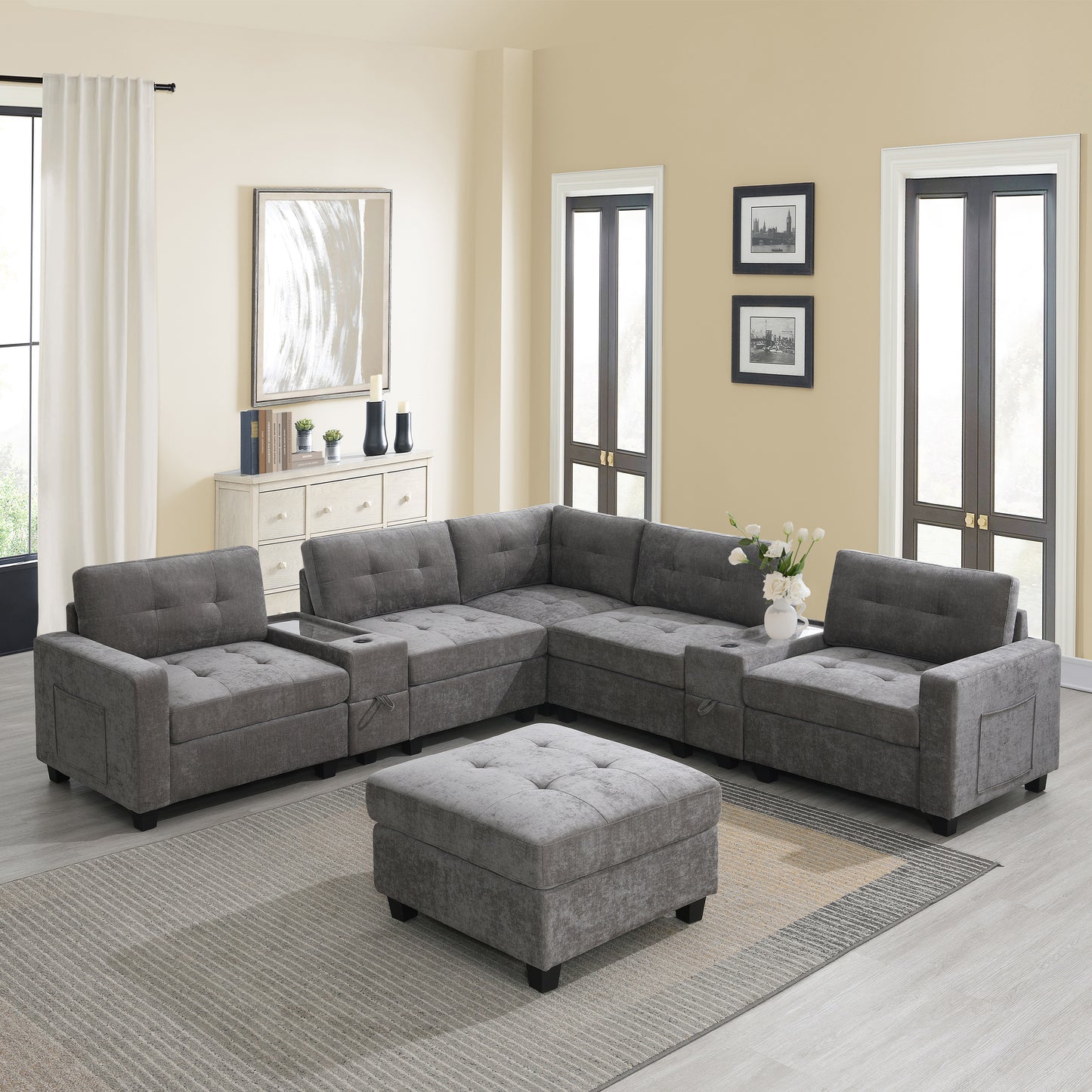 104'' Sectional Sofa with Acrylic Table Top,Chenille U Shaped Couch Set with 2 Consoles,USB Charger,Storage Drawers and Pockets,Movable Ottoman,Tufted Sofa for Living Room,Apartment,2 Colors