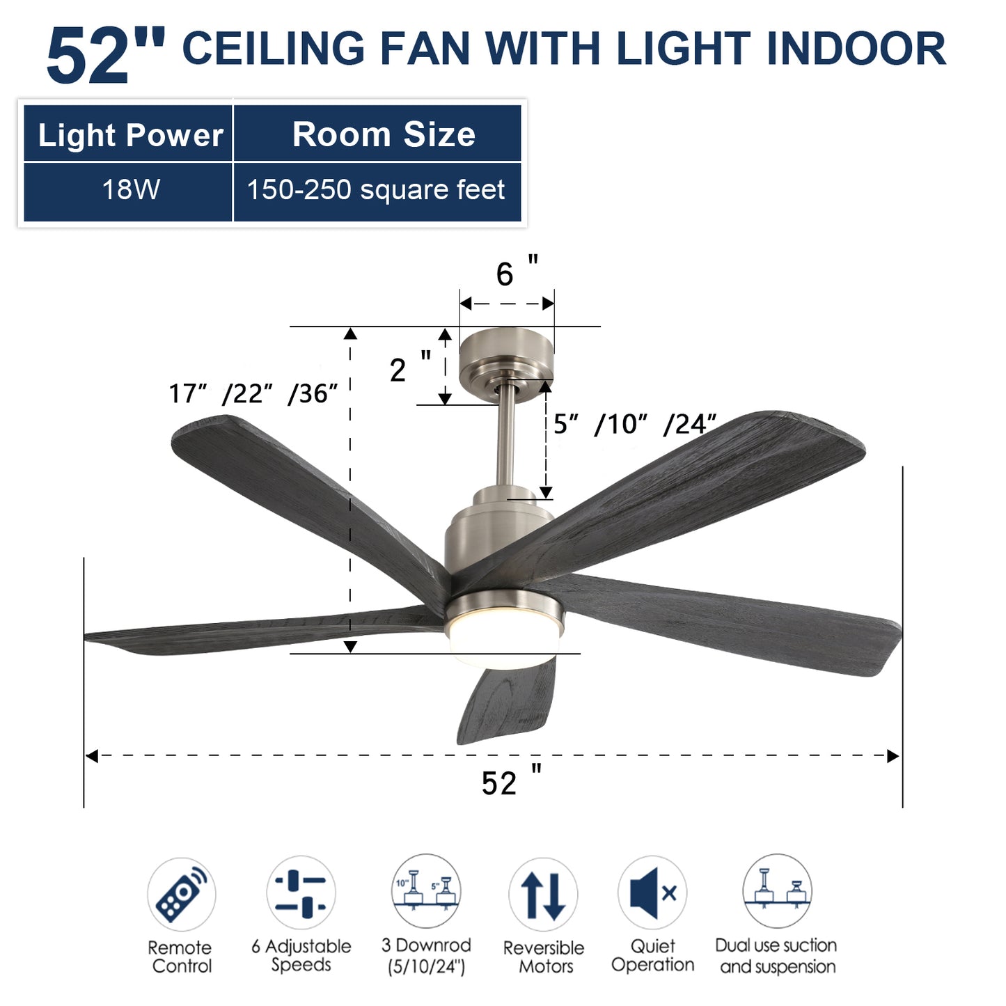 52 Inch Modern Ceiling Fan With Dimmable LED Light 5 Solid Wood Blades Smart Remote Control Reversible DC Motor