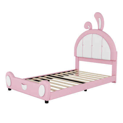 Twin Size Upholstered Platform Bed with Rabbit Shaped Headboard, Pink