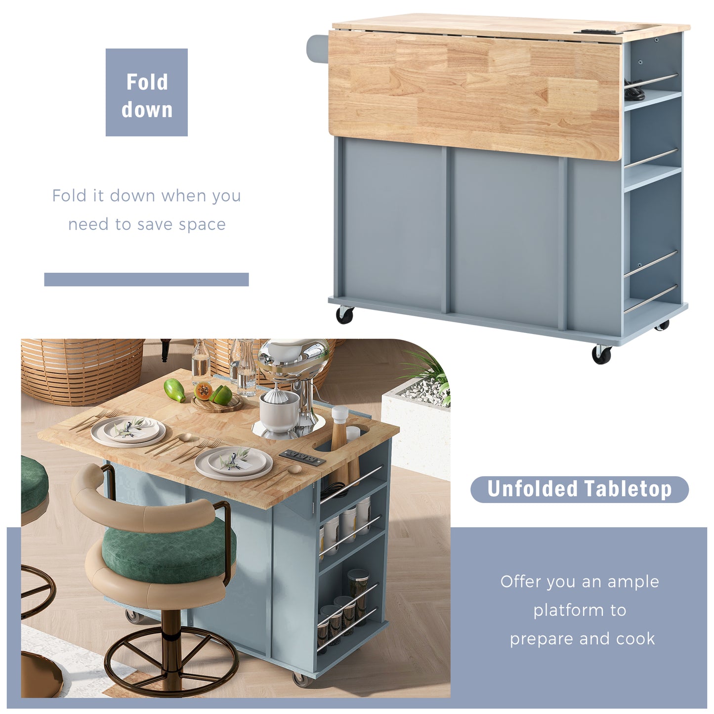 Kitchen Island with Power Outlet,Kitchen Storage Island with Drop Leaf and Rubber Wood,Open Storage and Wine Rack,5 Wheels,with Adjustable Storage for Home, Kitchen, and Dining Room, Grey Blue