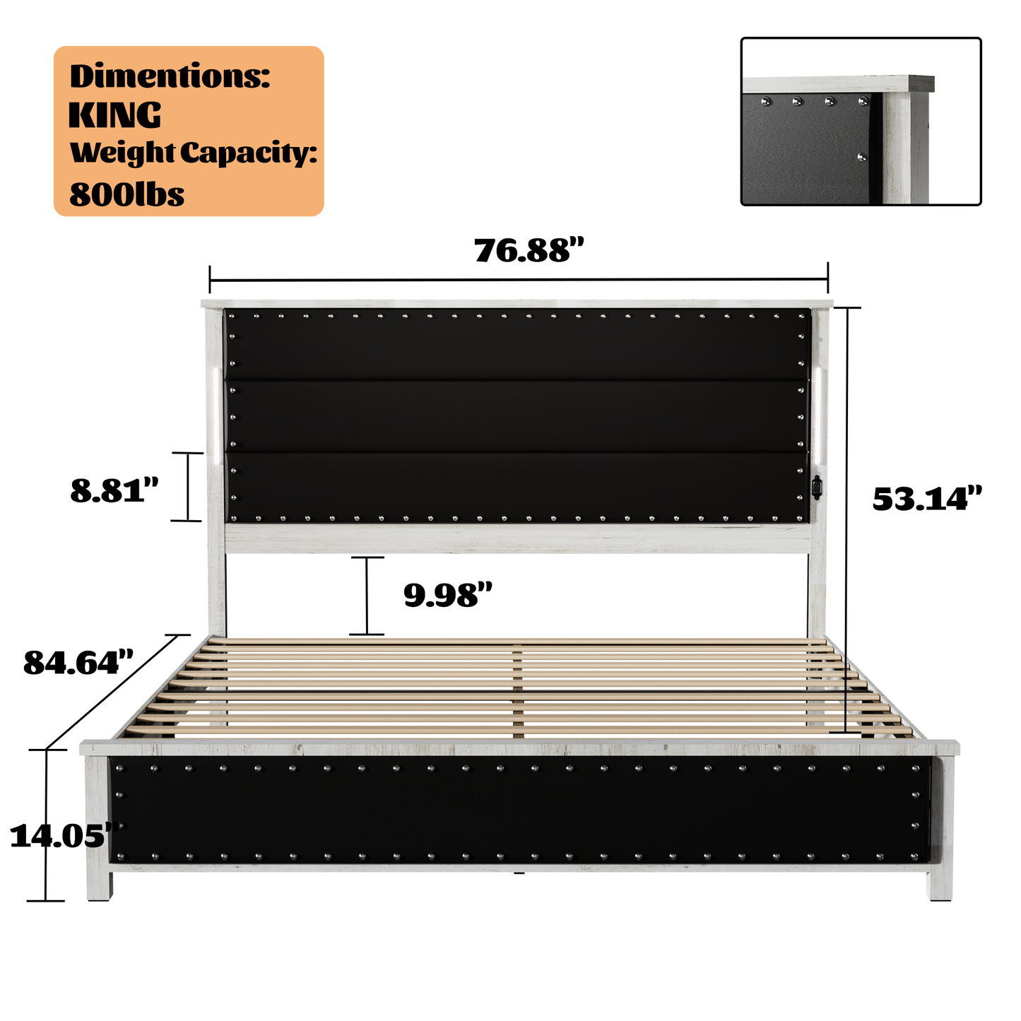 King Size Bed Frame with Upholstered Headboard, King Bed Frame with Charging Station and LED Lights, Wood Slats, Dark Gray Faux Leather & Rivets,  No Box Spring Needed, Easy Assembly