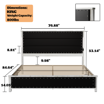 King Size Bed Frame with Upholstered Headboard, King Bed Frame with Charging Station and LED Lights, Wood Slats, Dark Gray Faux Leather & Rivets,  No Box Spring Needed, Easy Assembly