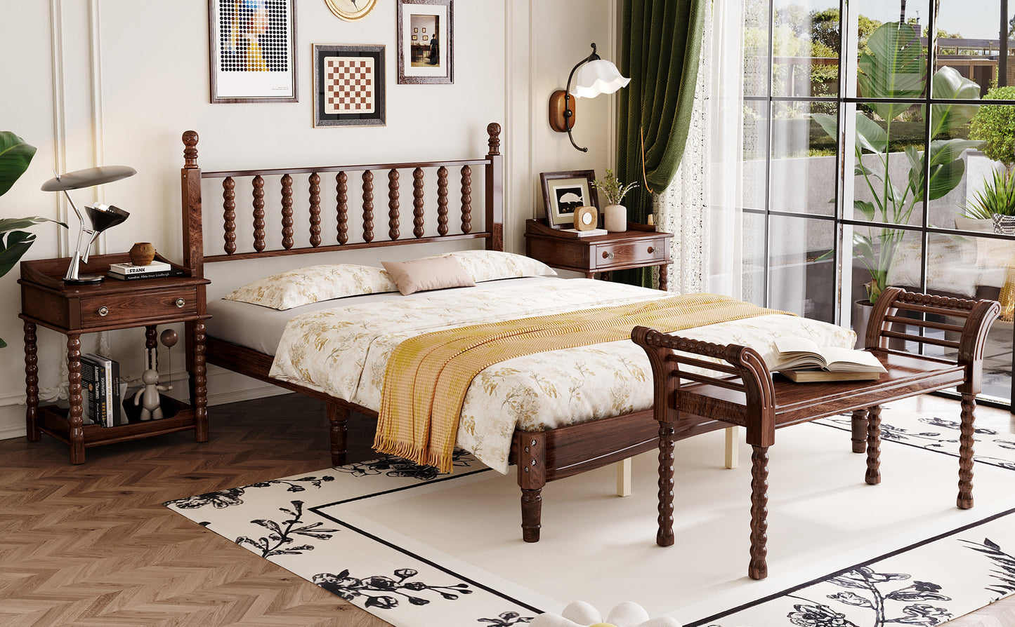 4-Pieces Retro Style Bedroom Sets, Queen Size Platform Bed with Gourd Shaped Headboard, Storage Nightstand and Bench with Turned Legs, Walnut