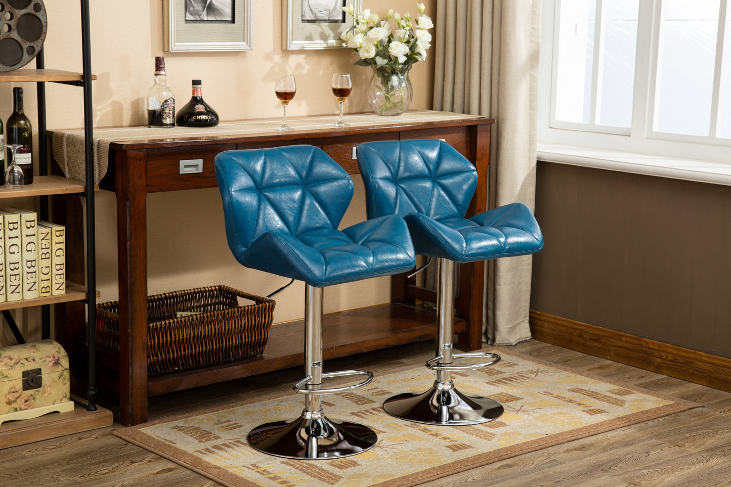 Glasgow Contemporary Tufted Adjustable Height Hidraulic Bar Stools, Set of 2, Blue