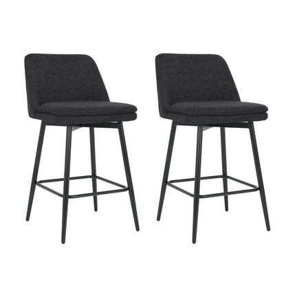 Counter Height Swivel Bar Stools Set of 2, 360° Swivel Upholstered Barstools with Back and Metal Legs, 25.6" Seat Height,Counter Stools for Kitchen Island and Pub,Linen Cloth,Black Linen.