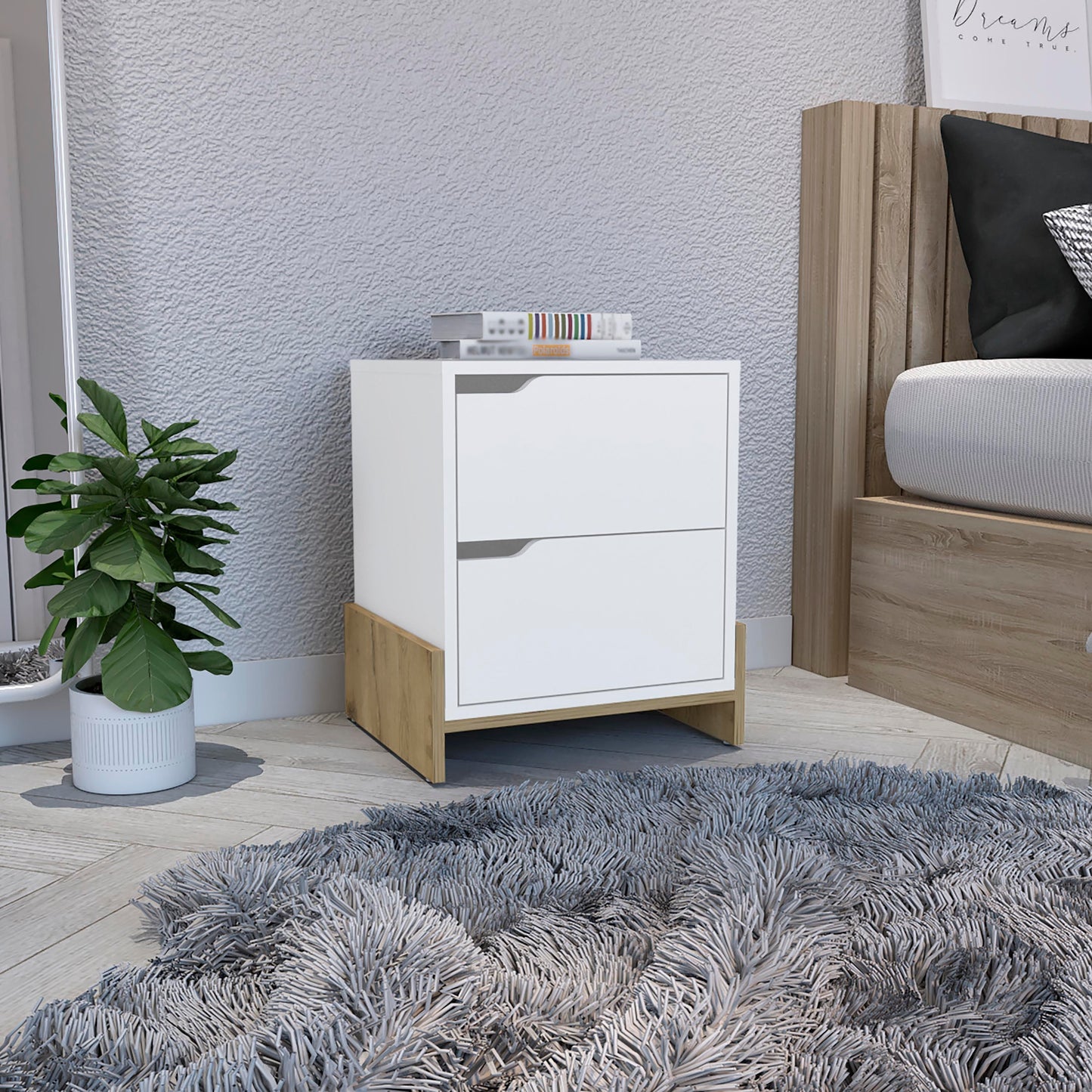 Nightstand with 2-Drawers, End Table with Sturdy Base, White / Macadamia