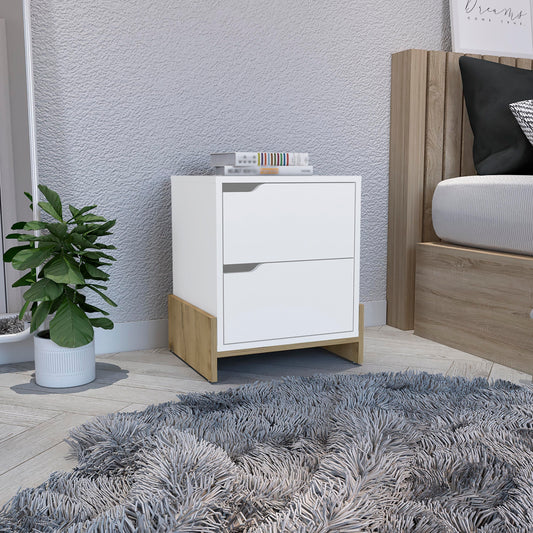 Nightstand with 2-Drawers, End Table with Sturdy Base, White / Macadamia