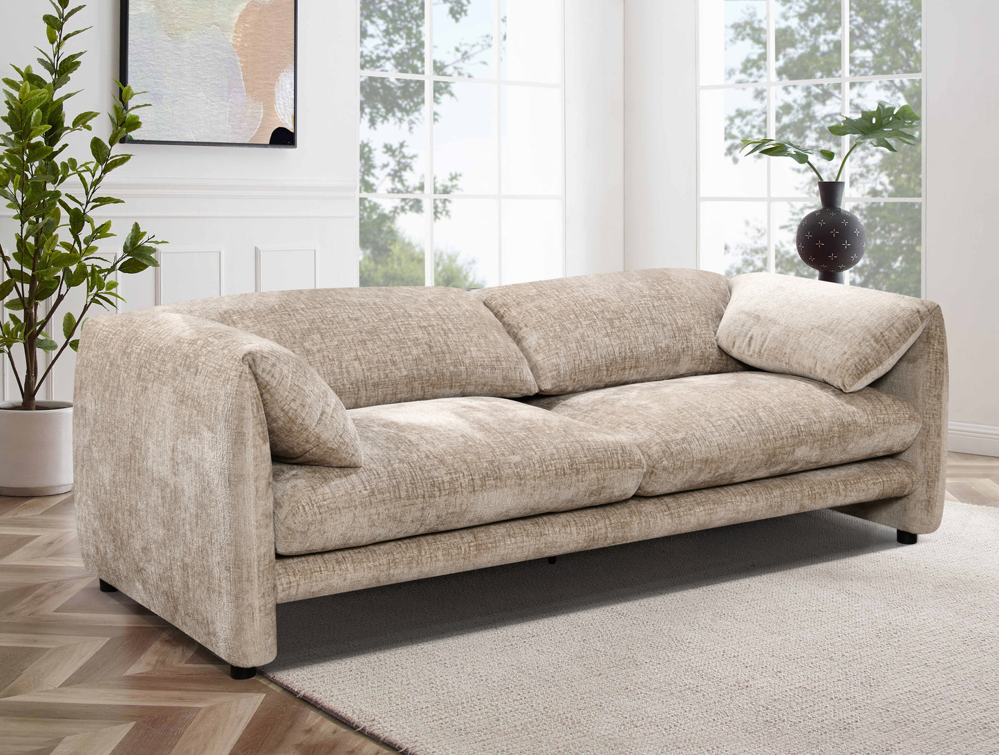 87" 3 Seater sofa with wide and comfortable armrest, High density sponge backrest & its plump cushions and soft, Comfortable spacious seats,for Living Room, Bedroom, Cream+Grey