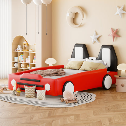 Twin Size Race Car-Shaped Platform Bed with Wheels,Red