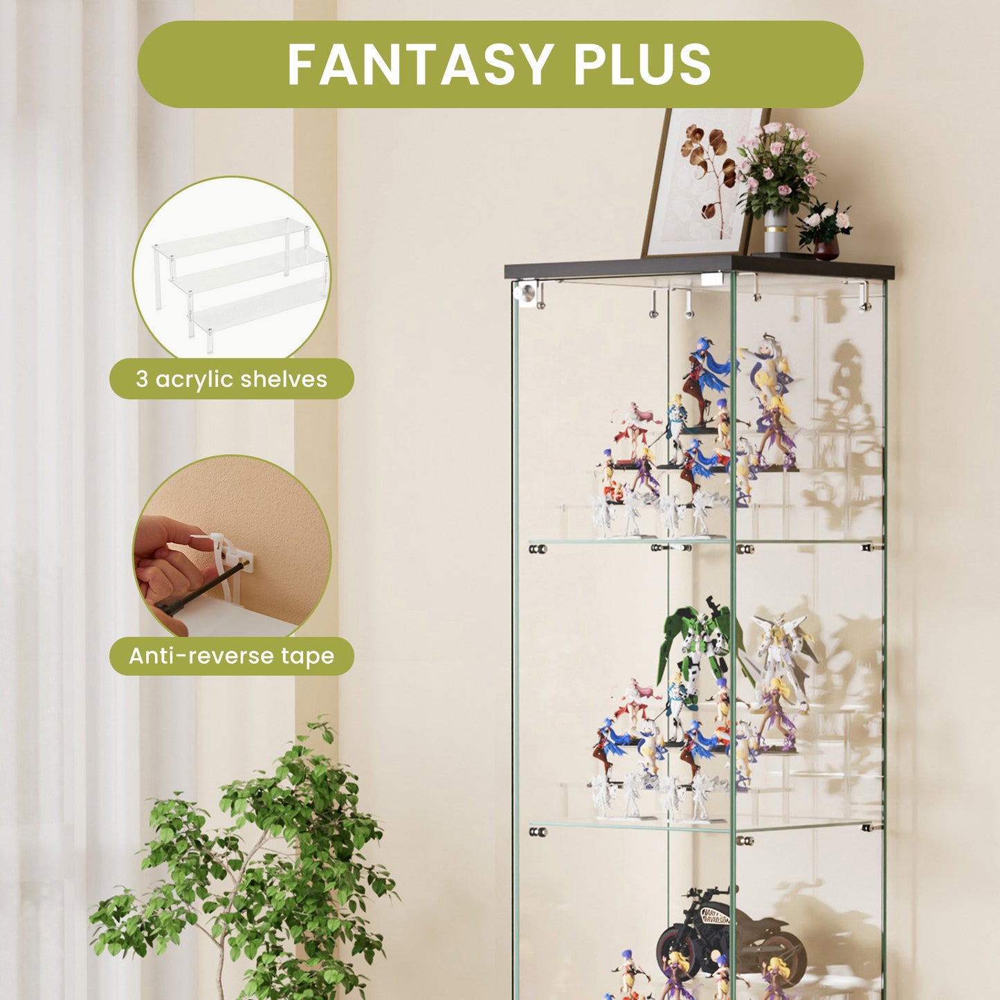 4 Tier Glass Display Cabinet, Single Door Glass Cabinet with Lock and Wheels, Floor Standing Storage Cabinet with 3 Acrylic Shelves for Living Room, Bedroom and Office, Black, 15.8"L x 14.2"W x 65.1"H