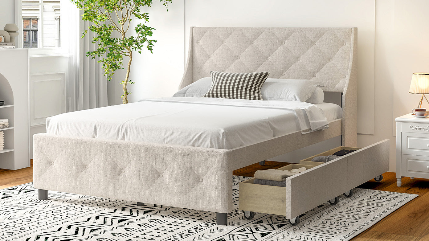 Queen Size Bed Frame with Storage Headboard, Metal Platform Bed No Noise, Mattress Foundation Strong Metal Slats Support No Box Spring Needed