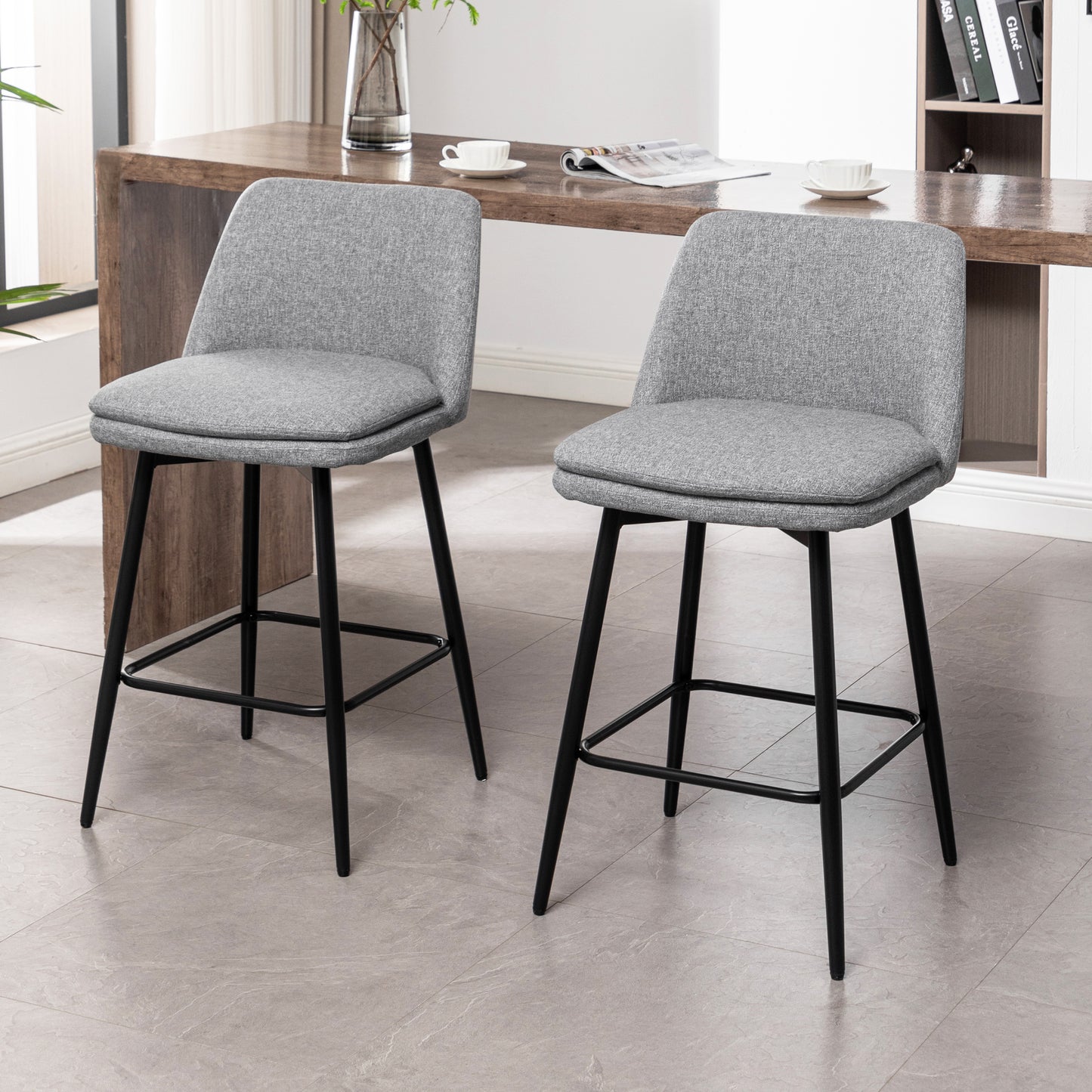 Counter Height Swivel Bar Stools Set of 2, 360° Swivel Upholstered Barstools with Back and Metal Legs, 25.6" Seat Height,Counter Stools for Kitchen Island and Pub,Linen Cloth,Grey