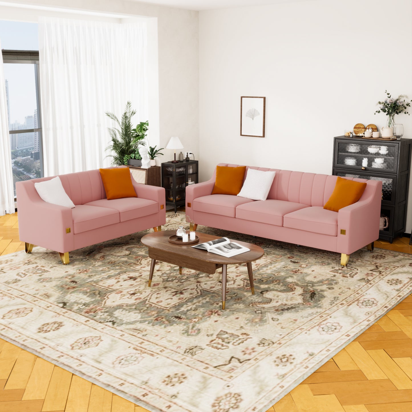 LIVING ROOM  SOFA  2 PIECES  LOVE SEAT AND SOFA  SET WITH PINK VELVET