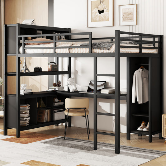 Metal Loft Bed with Wardrobe And L-shaped Desk, Full Size Loft Bed with Storage Cubes and Shelves, Heavy Duty Loft Bed for Kids Teens Adults, Black