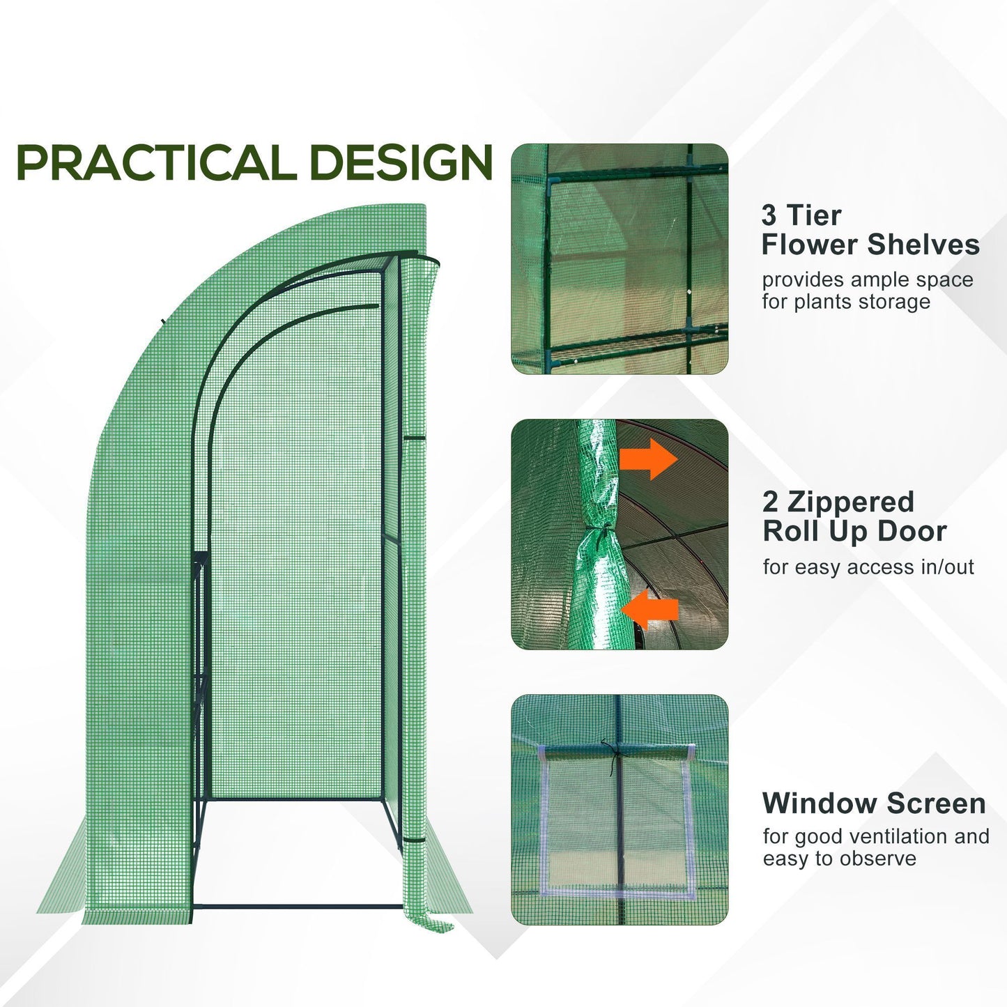 Outsunny 7' x 3' x 7' Lean to Greenhouse, Walk-In Green House, Plant Nursery with 2 Roll-up Doors and Windows, PE Cover and 3 Wire Shelves, Green