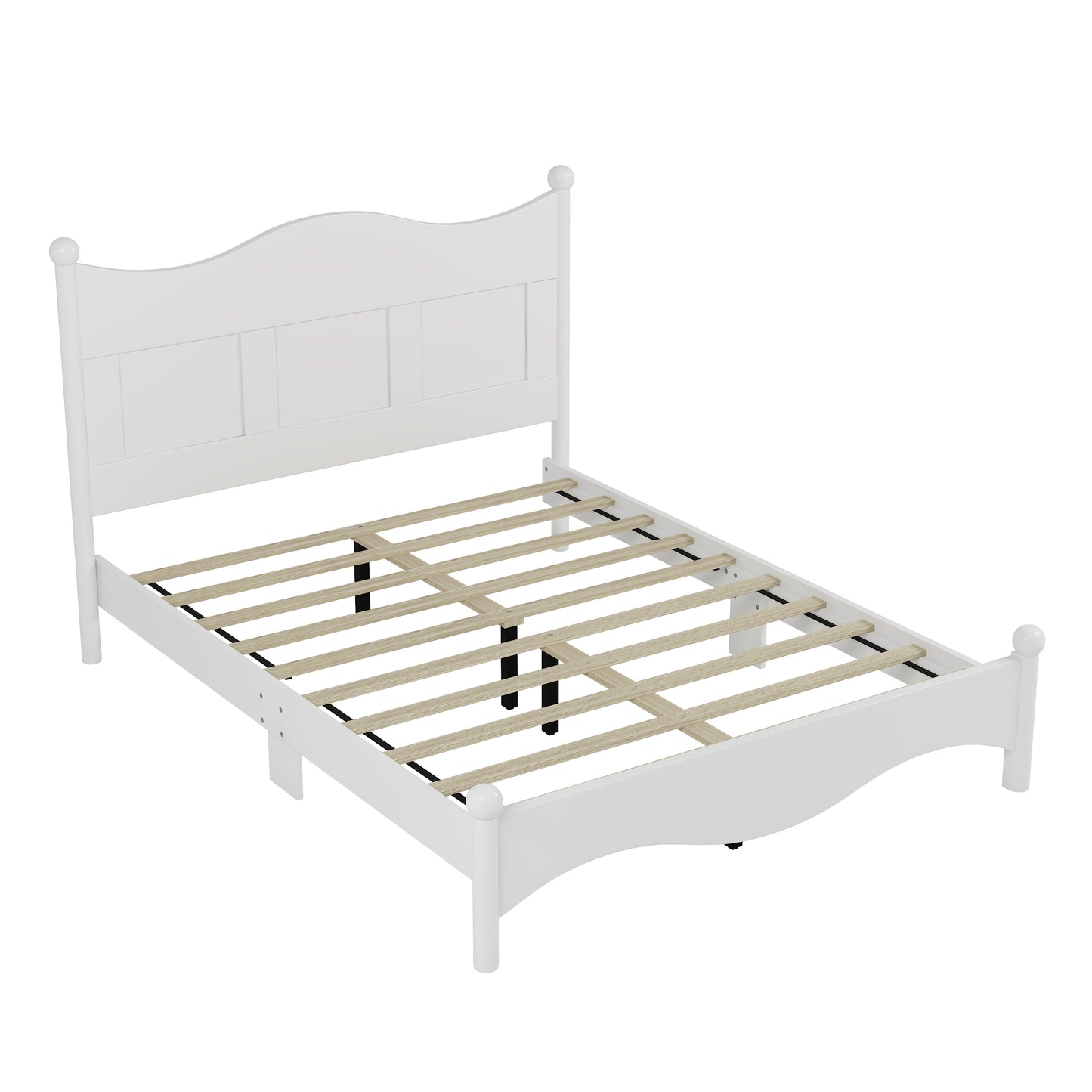 Queen Size Elegant Design Wood Platform Bed Frame,Retro Style Platform Bed with Wooden Slat Support,White