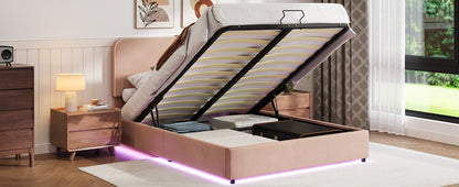 Upholstered Platform Full Size Hydraulic Storage Bed, Lift Up Storage Bed with RGB LED Light, Bluetooth Speaker, No Box Spring Needed, Lychee Velvet,Pink