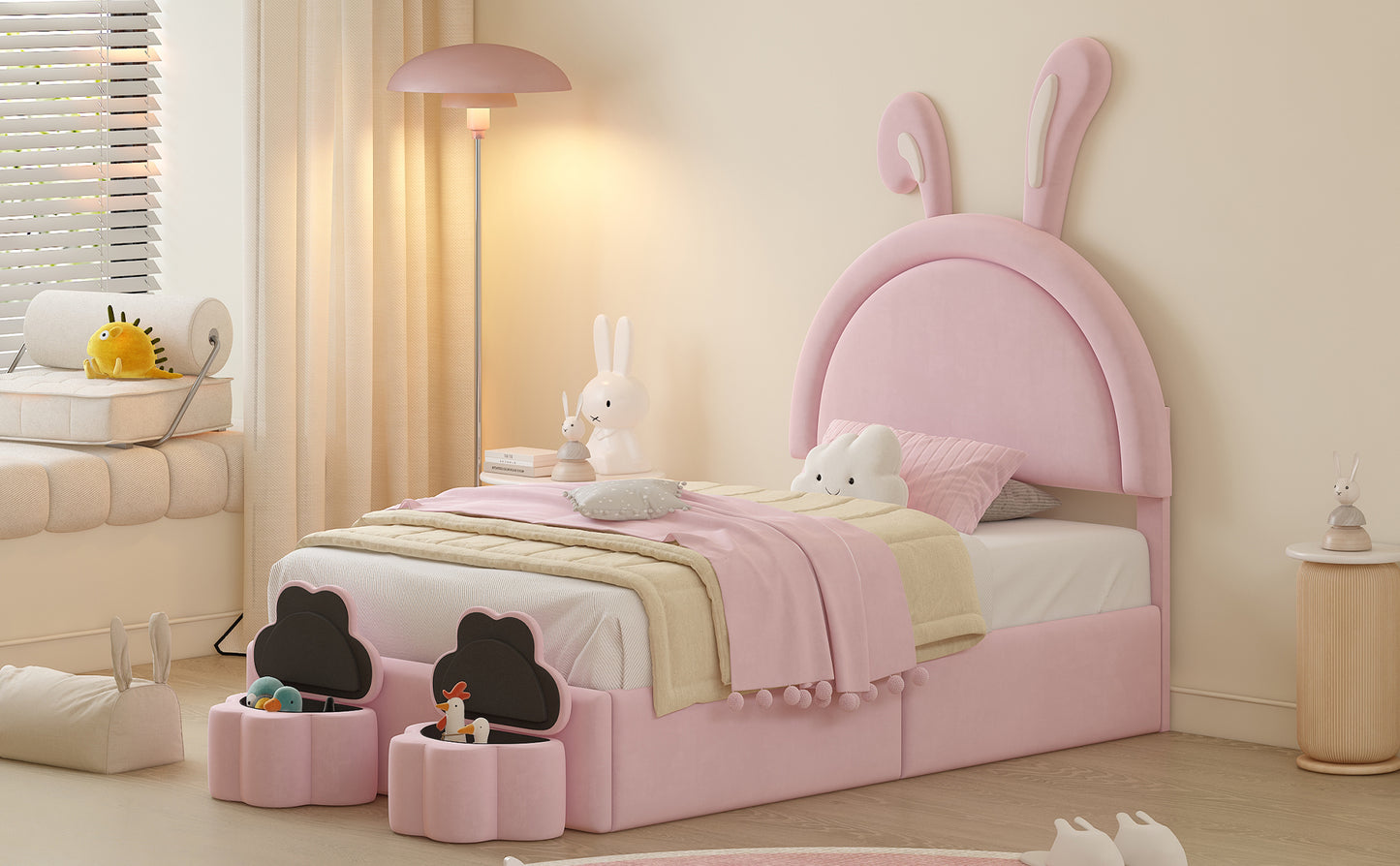 Twin size Upholstered Rabbit-Shape Bed with 2 Storage Stools, Velvet Platform Bed with Cartoon Ears Shaped Headboard, Pink