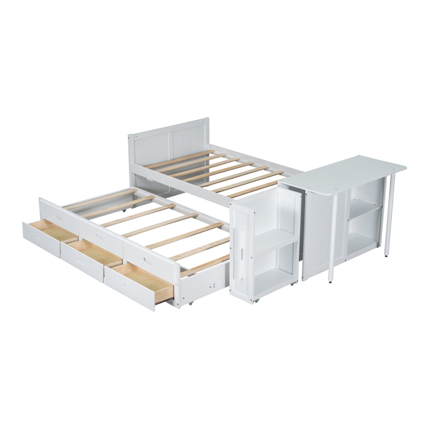 Twin Size Multifunctional Wood Platform Bed with Desk and Storage Shelf at the End of the Bed, Built-in Trundle and 3 Drawers, White