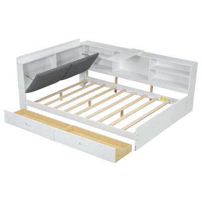 Wood Full Size platform bed with Storage Headboard, Shelves and 2 Drawers, White