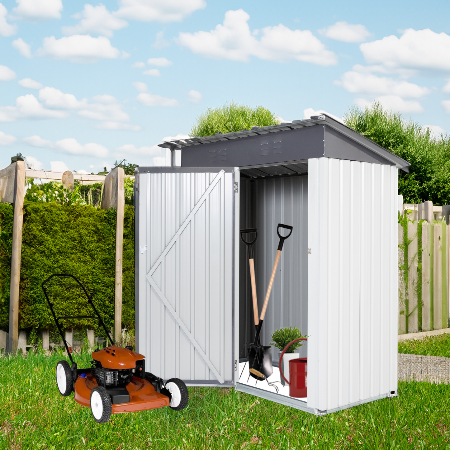 XWT016 Garden Metal Storage Lifter Shed Gray White 5x3x6ft outdoor storing tools Rainproof Hinge door version