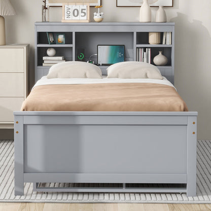 Twin Size Platform Bed with Storage Headboard, USB, Twin Size Trundle and 3 Drawers, Gray