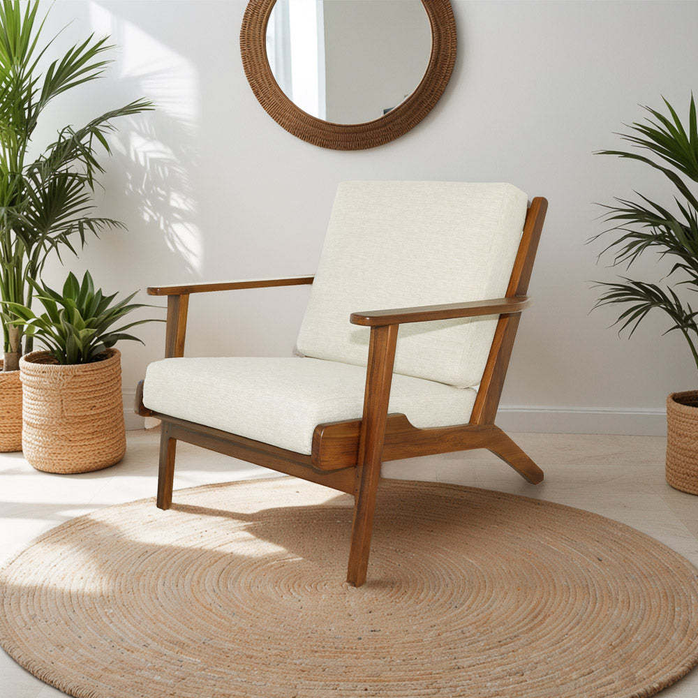 Connor Solid Wood Linen Lounge Chair - Cream