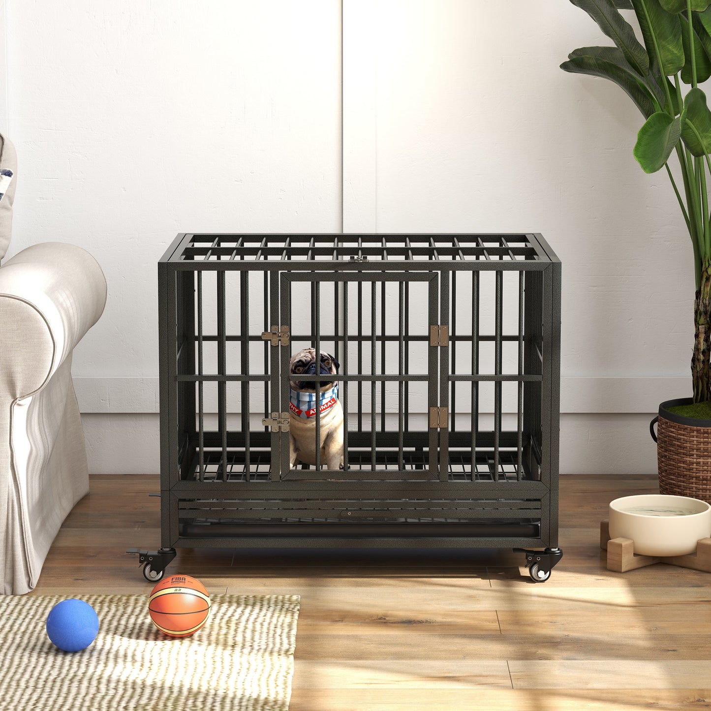 PawHut 36" Heavy Duty Dog Crate Metal Cage Kennel with Lockable Wheels, Double Door and Removable Tray, Gray