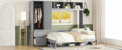 Queen Size Murphy Bed Wall Bed with Closet and Drawers,Gray