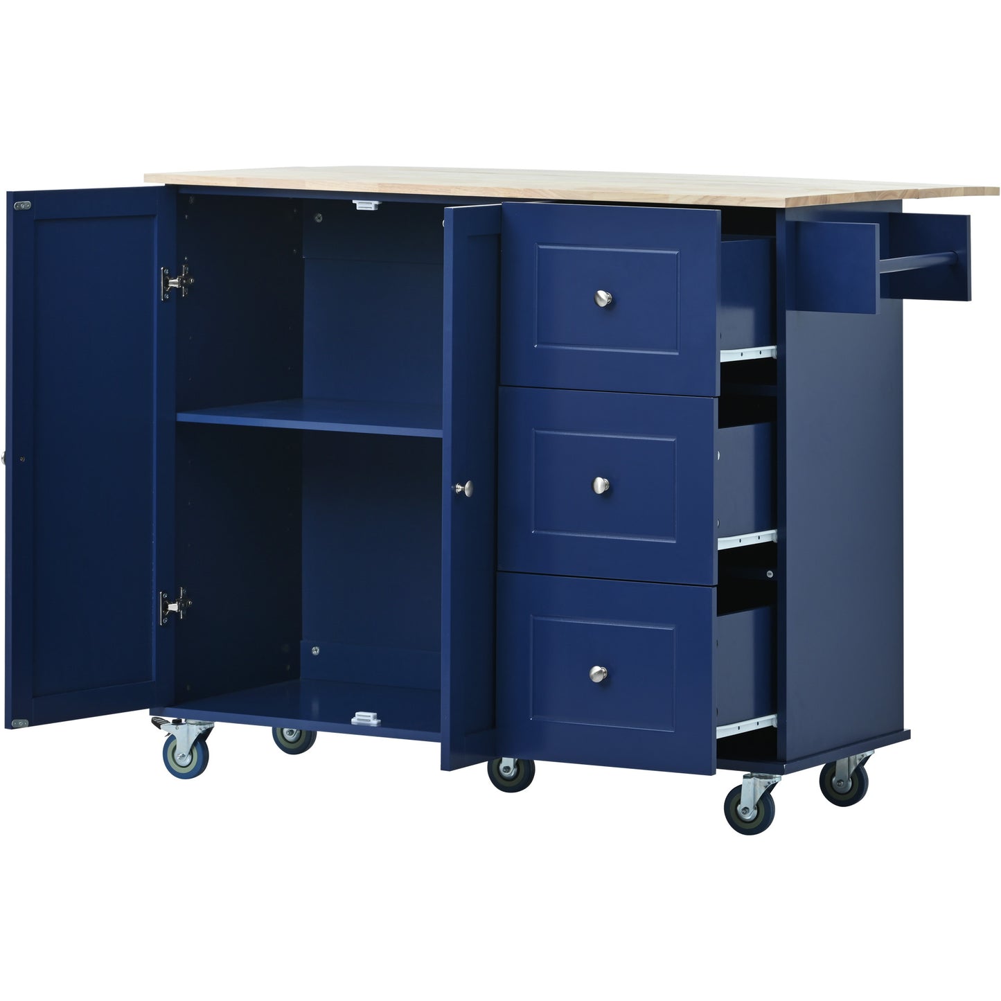 Rolling Mobile Kitchen Island with Drop Leaf - Solid Wood Top, Locking Wheels & Storage Cabinet 52.7 Inch Width(Dark blue)