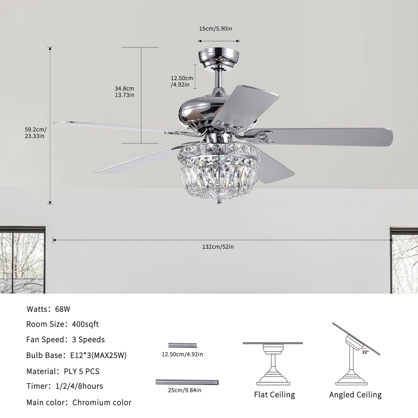 52 Inch Crystal Chandelier Fan  Dual Finish Reversible Blades, Fandelier,Ceiling Fan With Remote Control 3 Speed (Low,Mid,High) for Living Room, Dining Room, Bedroom, Family Room, Chrome