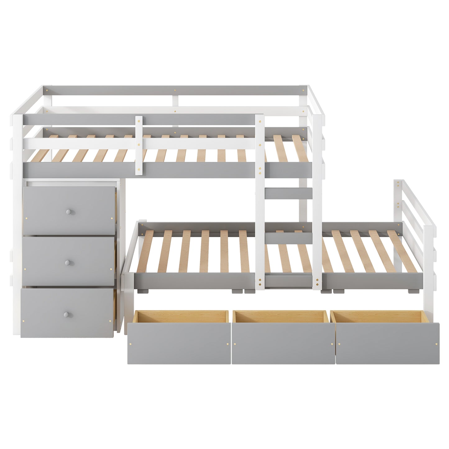 Gray Twin over Twin Loft Bunk Bed with Drawers and Ladder, Solid Pine and MDF, 101.9''L x 59.3''W x 53.5''H