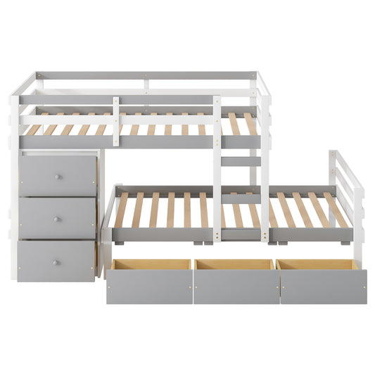 Gray Twin over Twin Loft Bunk Bed with Drawers and Ladder, Solid Pine and MDF, 101.9''L x 59.3''W x 53.5''H