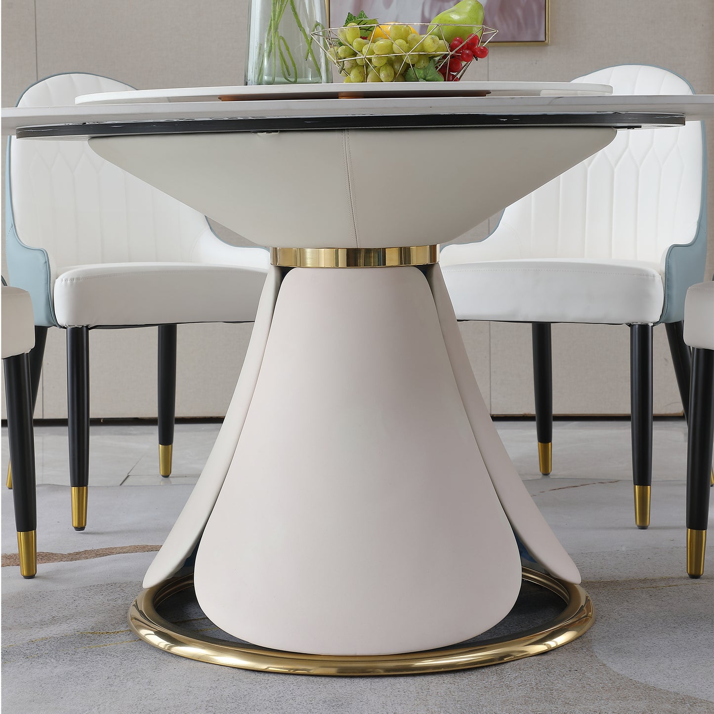 59.05"Modern Sintered stone dining table with 31.5" round turntable with wood and metal exquisite pedestal with 8pcs Chairs