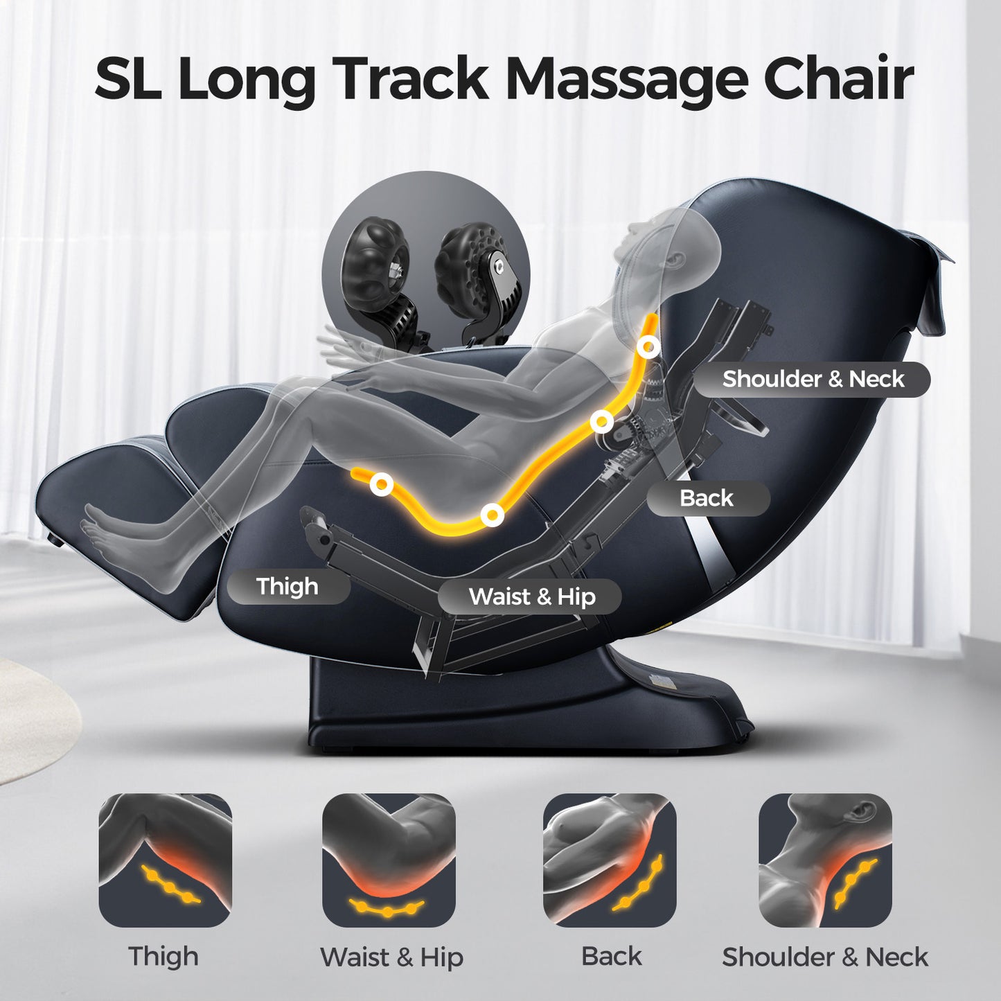 BOSSCARE 3D Shiatsu Recline Massage Zero Gravity Full Body Chair with Waist Heating Black