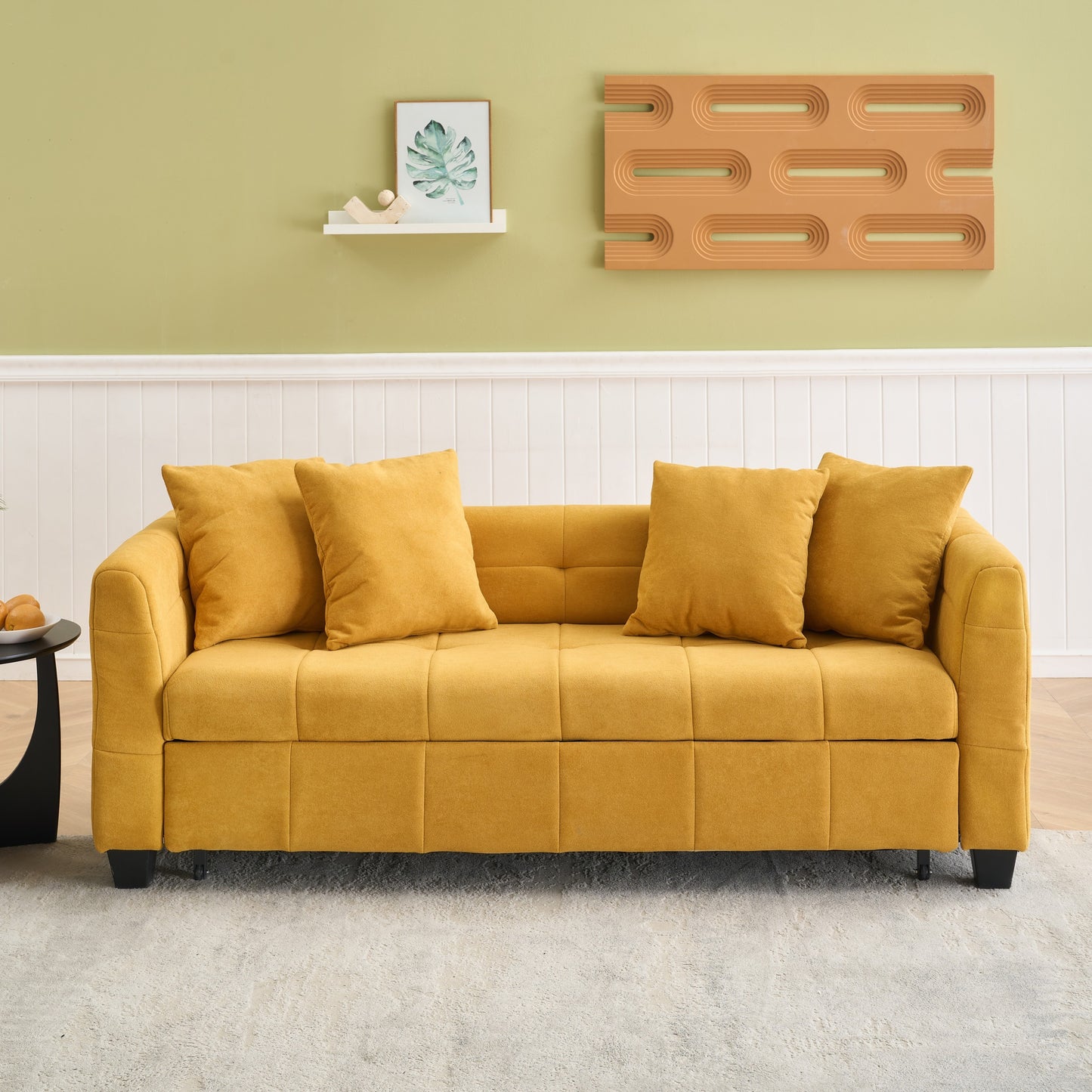 77.9-inch folding dual-purpose three-seater yellow flannel sofa that can be pulled out and turned into a bed, suitable for use in bedrooms and living rooms.