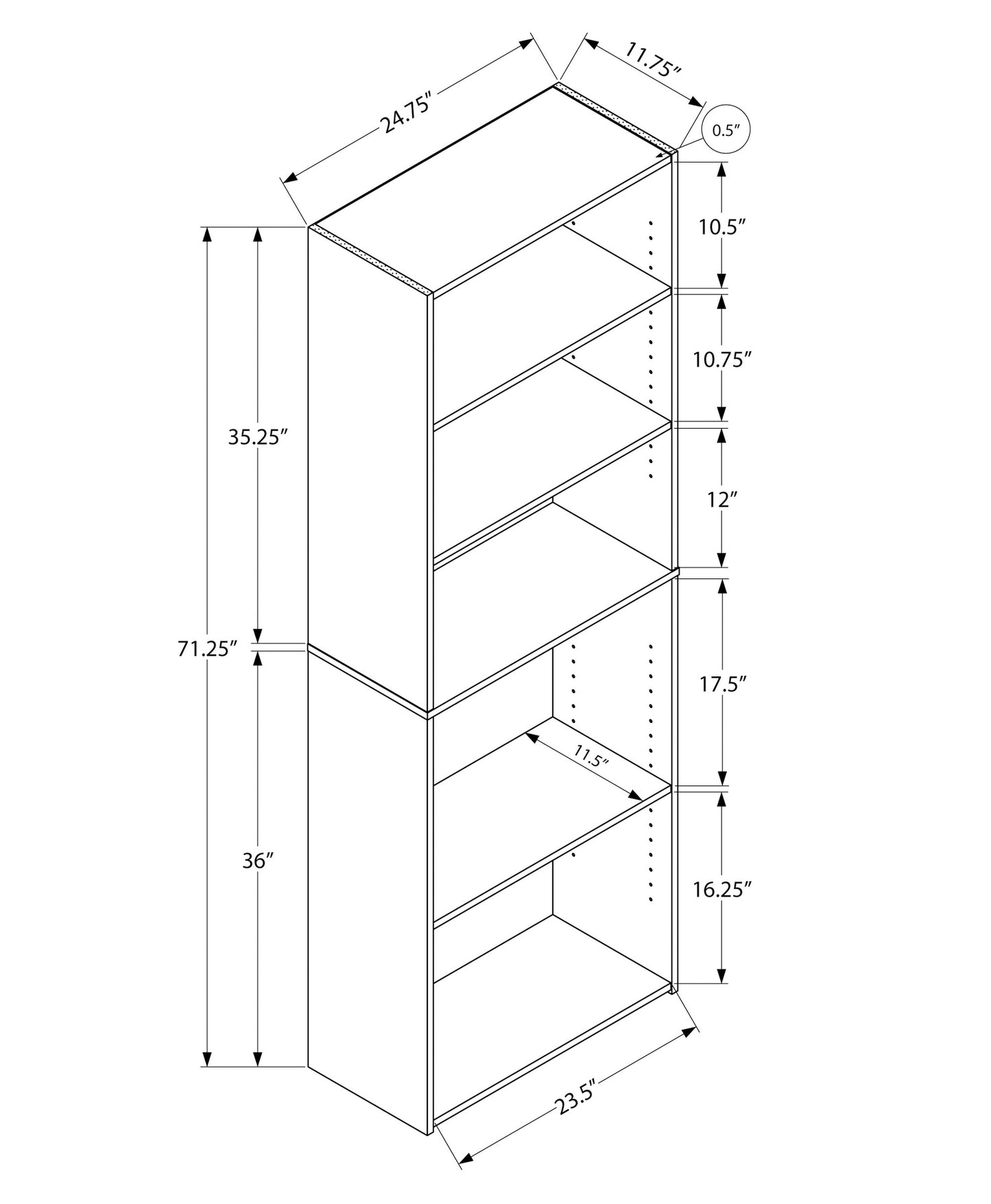 Bookshelf, Bookcase, 6 Tier, 72"h, Office, Bedroom, White Laminate, Transitional