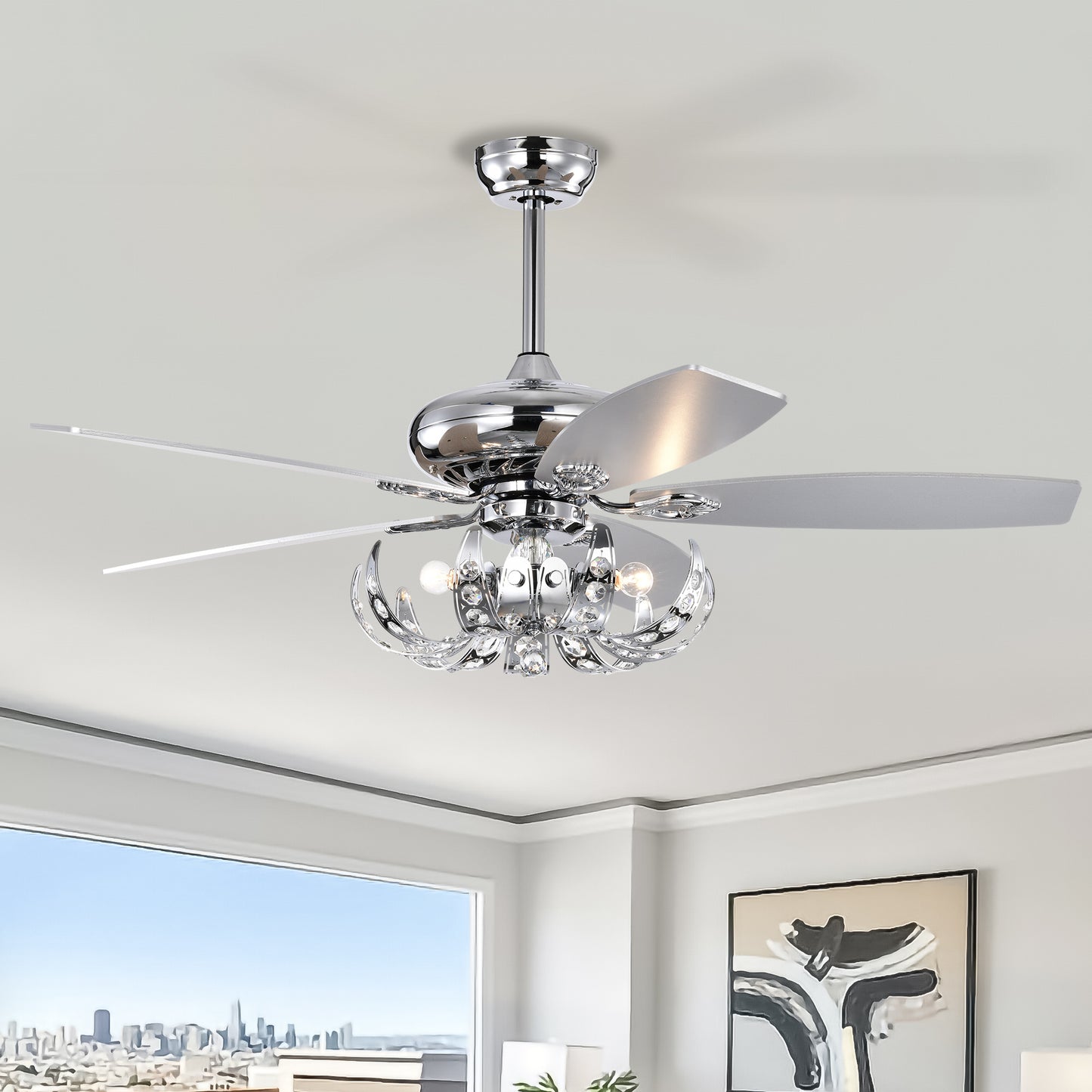 52" Crystal Ceiling Fan with 5 Reversible Blades Light Kit and Remote Control, 3-Speed (High, Mid,Low) Adjustable for Living Room, Bedroom, Kitchen