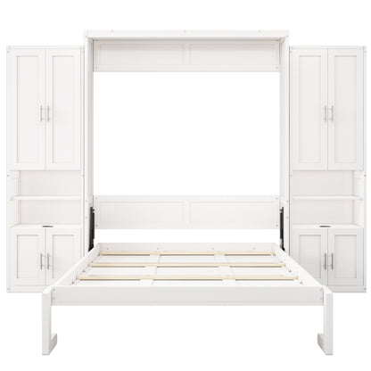 Queen Size Murphy Bed with 2 Side Cabinet Storage Shelves, 68-inch Cabinet Bed Folding Wall Bed with Desk Combo Perfect for Guest Room, Study, Office,White(old sku:BS400192AAC)