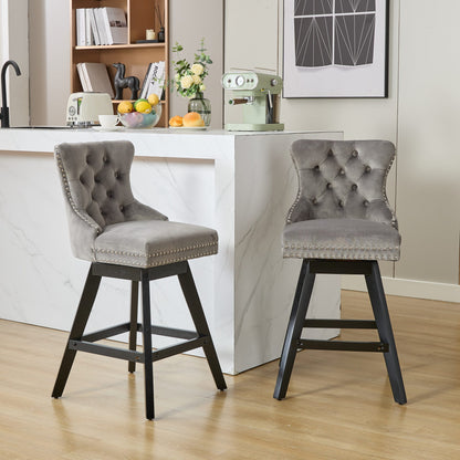 Swivel Velvet Barstools with Button Tufted Decoration and Wooden Legs, and Chrome Nailhead Trim, Leisure Style Bar Chairs,Bar stools, Set of 2 (Gray),SW1860GY