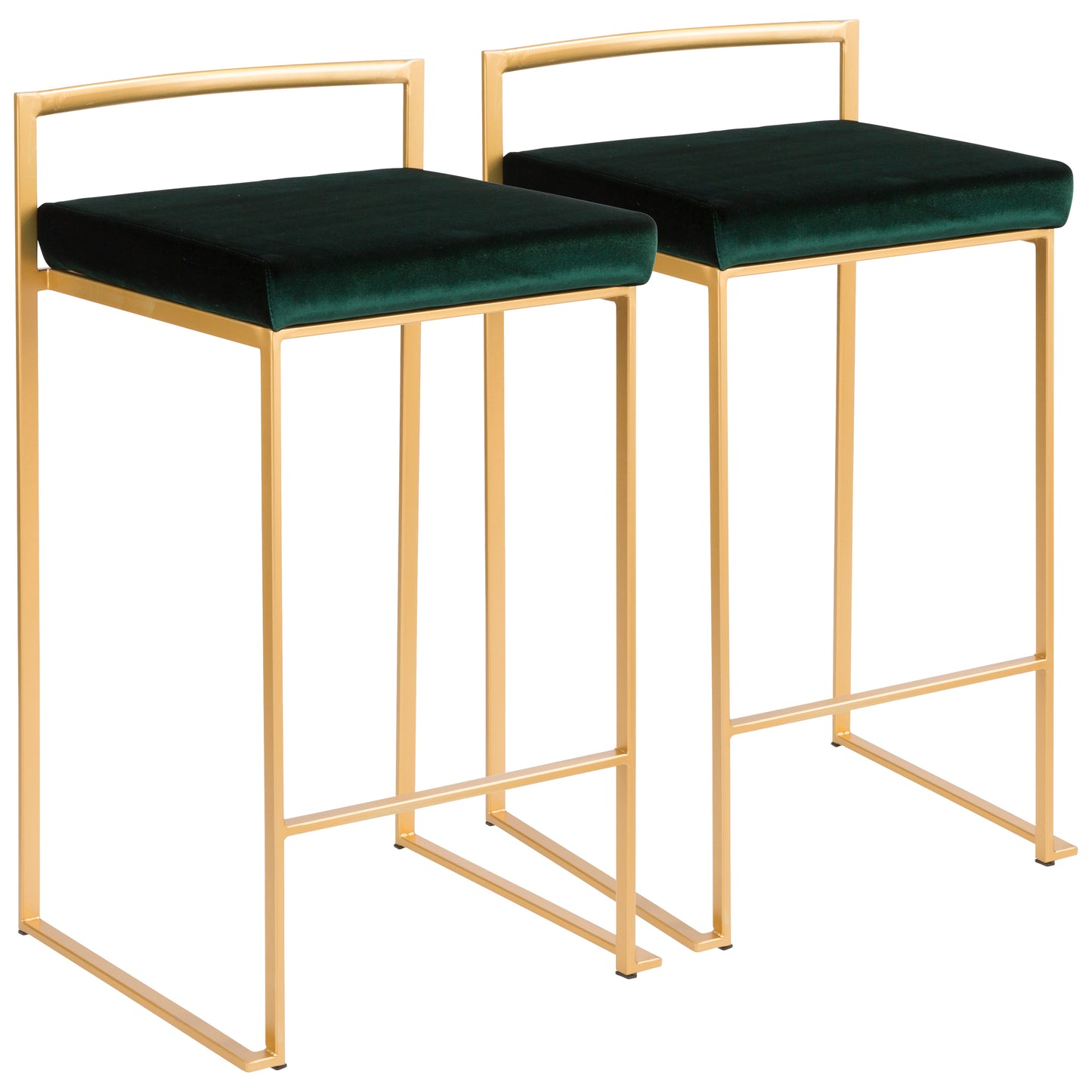 Fuji Contemporary-Glam Stackable Counter Stool in Gold with Green Velvet Cushion by LumiSource - Set of 2