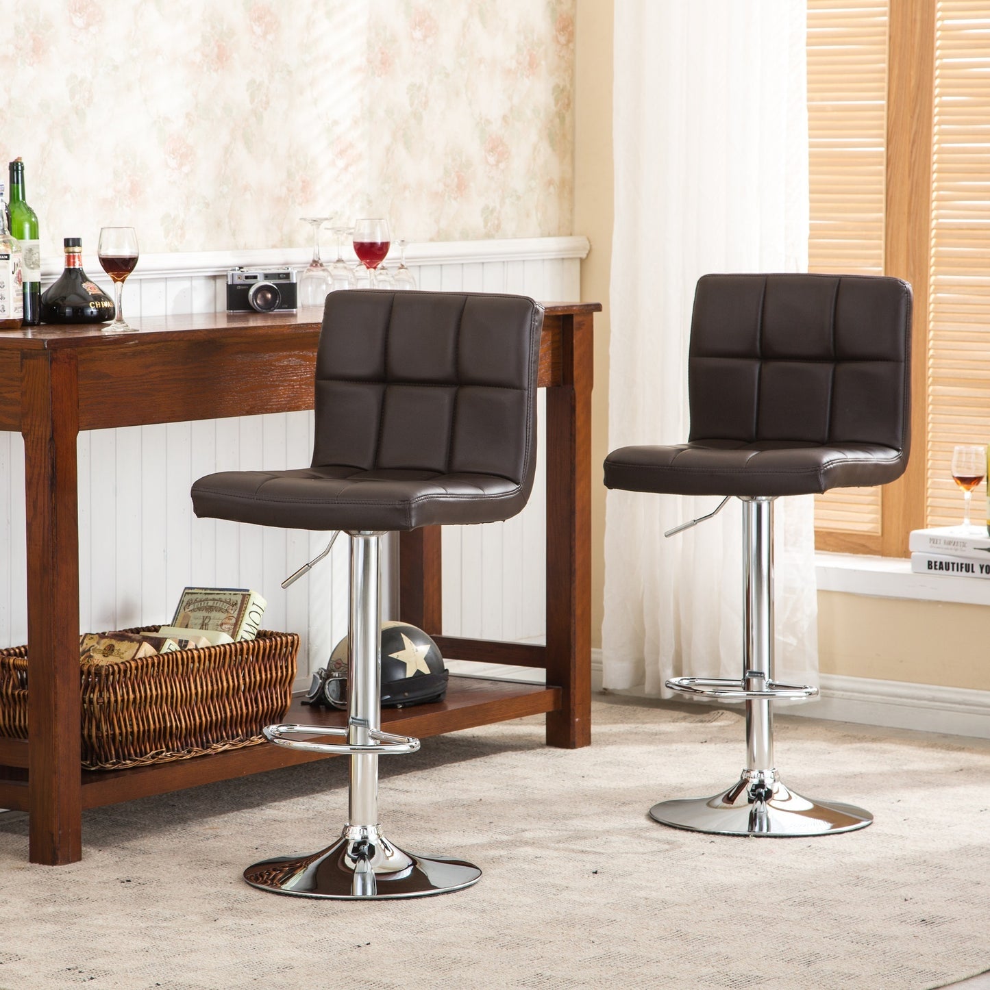 Swivel Faux Leather Adjustable Hydraulic Bar Stool, Set of 2, Brown