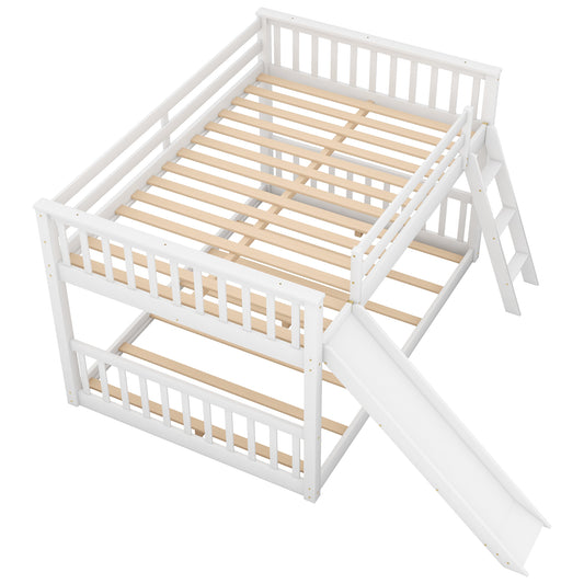 White Full over Full Bunk Bed with Convertible Slide and Ladder, Pine Wood, 79.1''L x 57.5''W x 49.4''H
