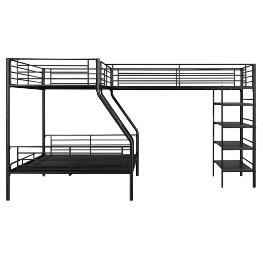 L-Shaped Metal Twin over Full Bunk Bed and Twin Loft Bed with Four Built-in Shelves, Black Metal and MDF, 117.2''L x 77.5''W x 62.9''H
