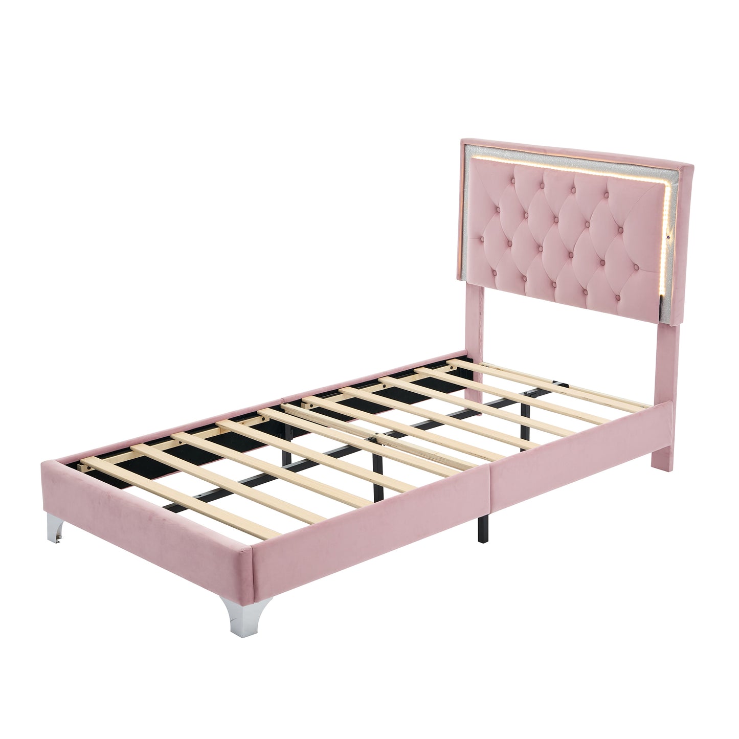 Twin Size Upholstered Bed Frame with LED Lights,Modern Velvet Platform Bed with Tufted Headboard,Pink